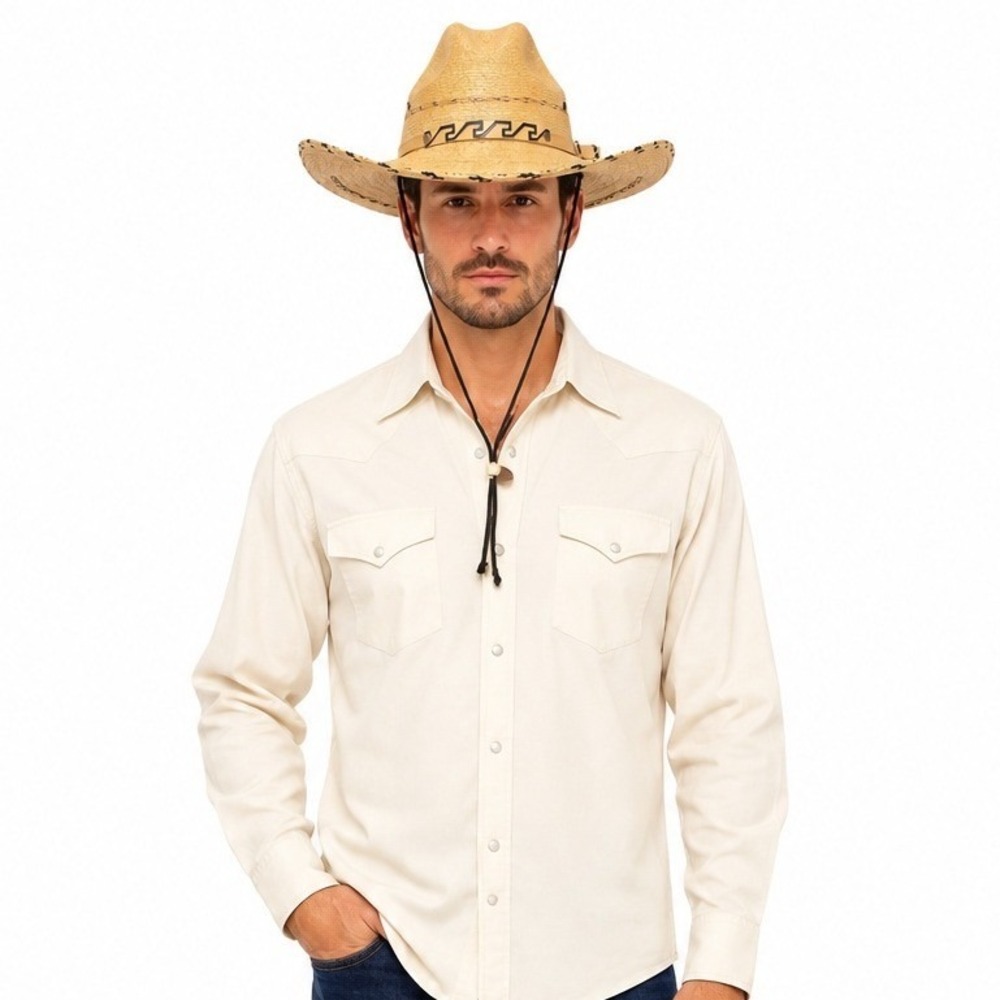 Avelar Men's Western Straw Cowboy Hat Woven Wide Brim Greek Key Band Chin Cord